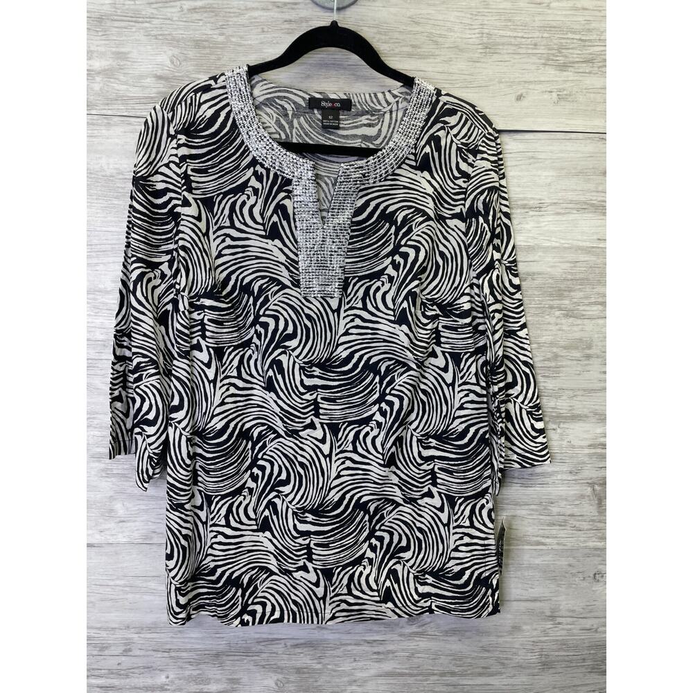 Style&Co Womens 12 Black White Tropic‎ Sketch 3/4 Sleeve Sequin V-Neck Tunic Top